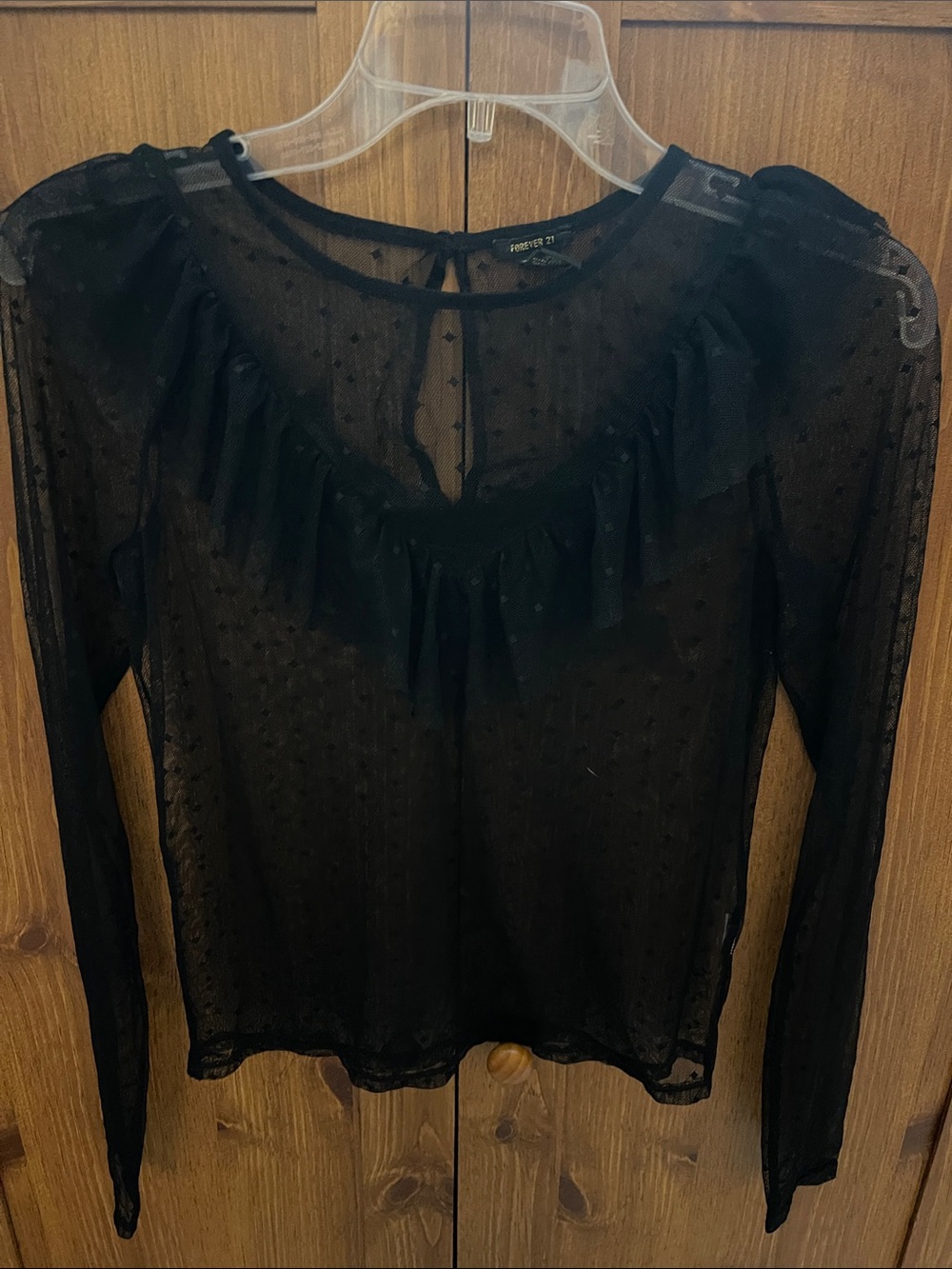 Forever 21 Black Sheer Dot Ruffle-Trim Long Sleeve Top